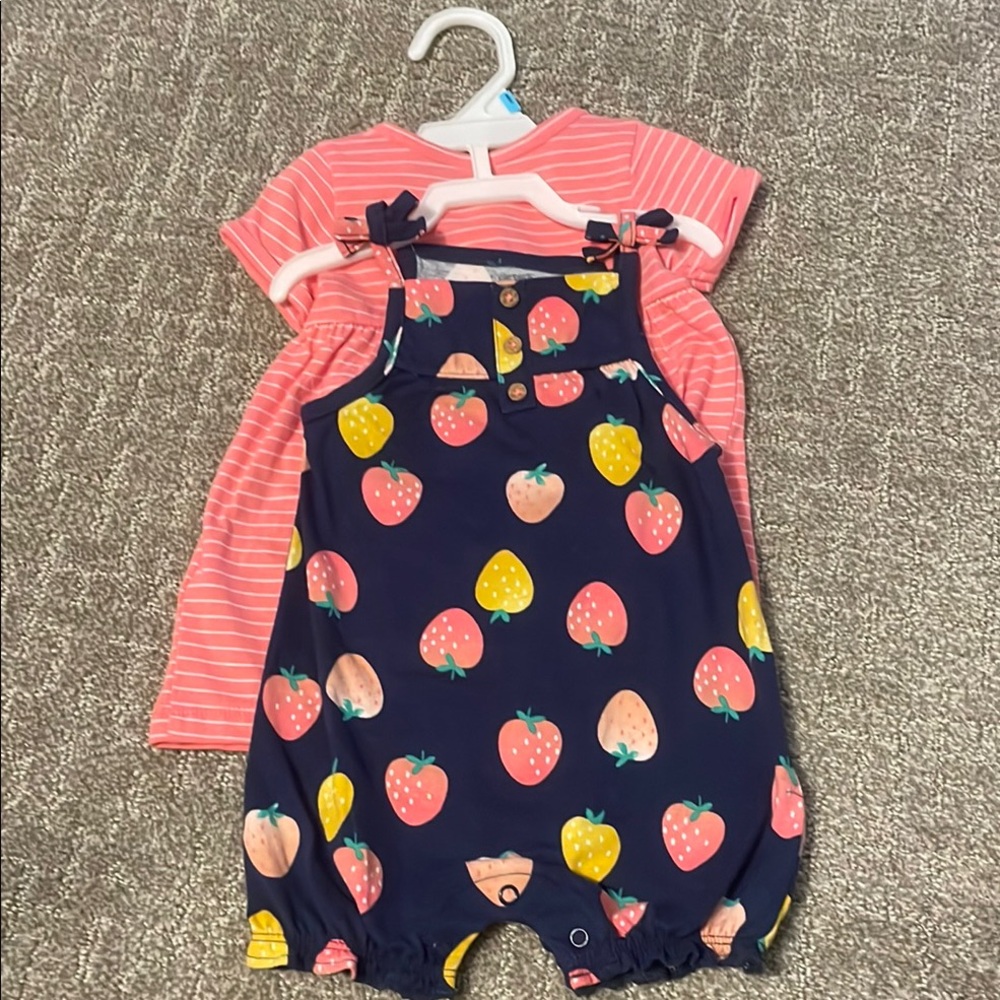 Carter's Pink and Navy Strawberry Romper and pink striped Happy dress